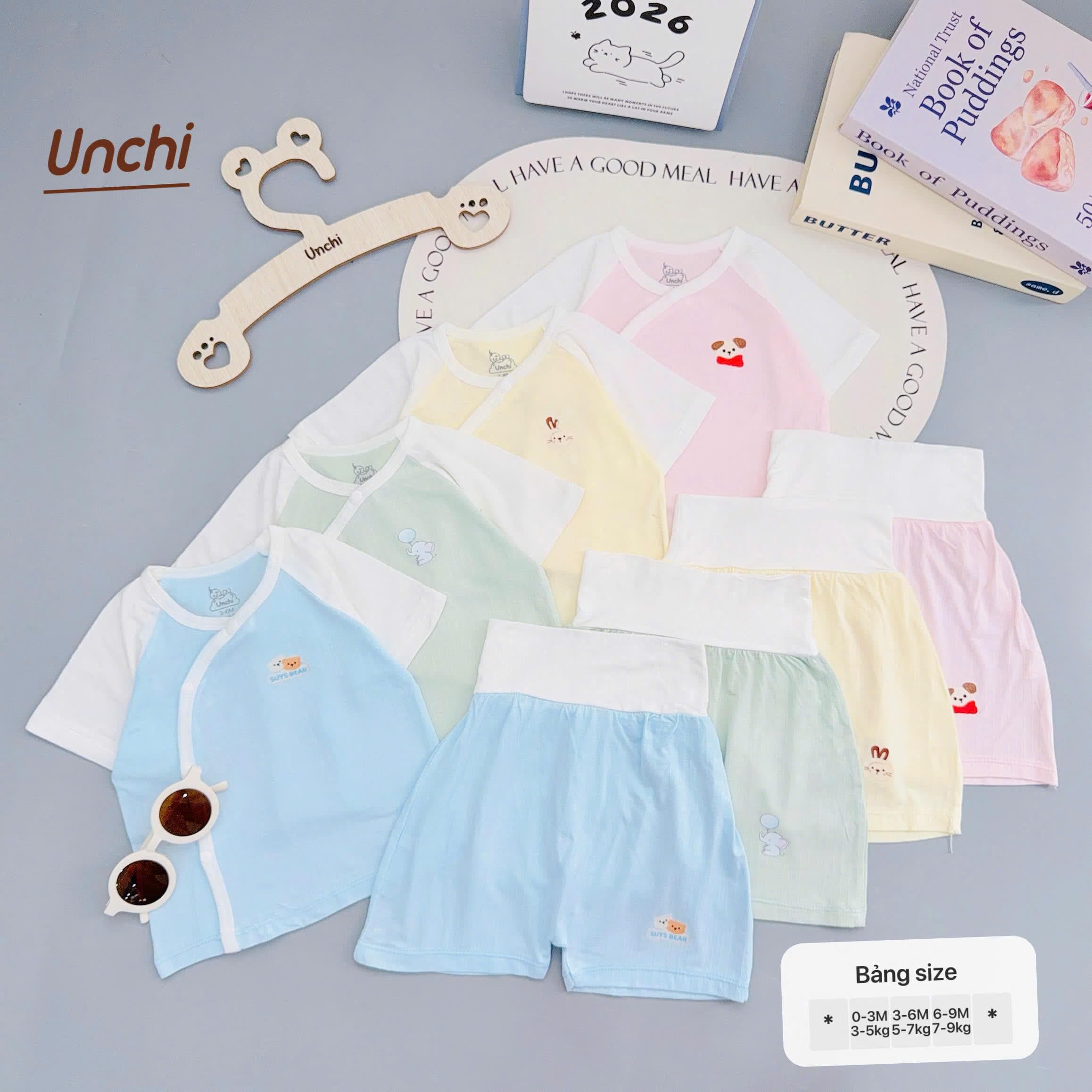 Bộ Sơ Sinh Cộc Tay UNCHI Cạp Cao chất liệu Bambo sợi tre Vân Mềm thoáng mát
