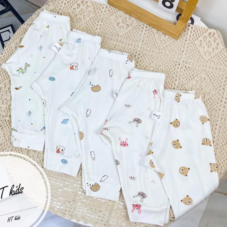 Combo 5 Quần Dài Sơ Sinh Thun Lạnh - Đáp Đũng Đóng Bỉm Thoải Mái, siêu mềm - Trắng Họa Tiết