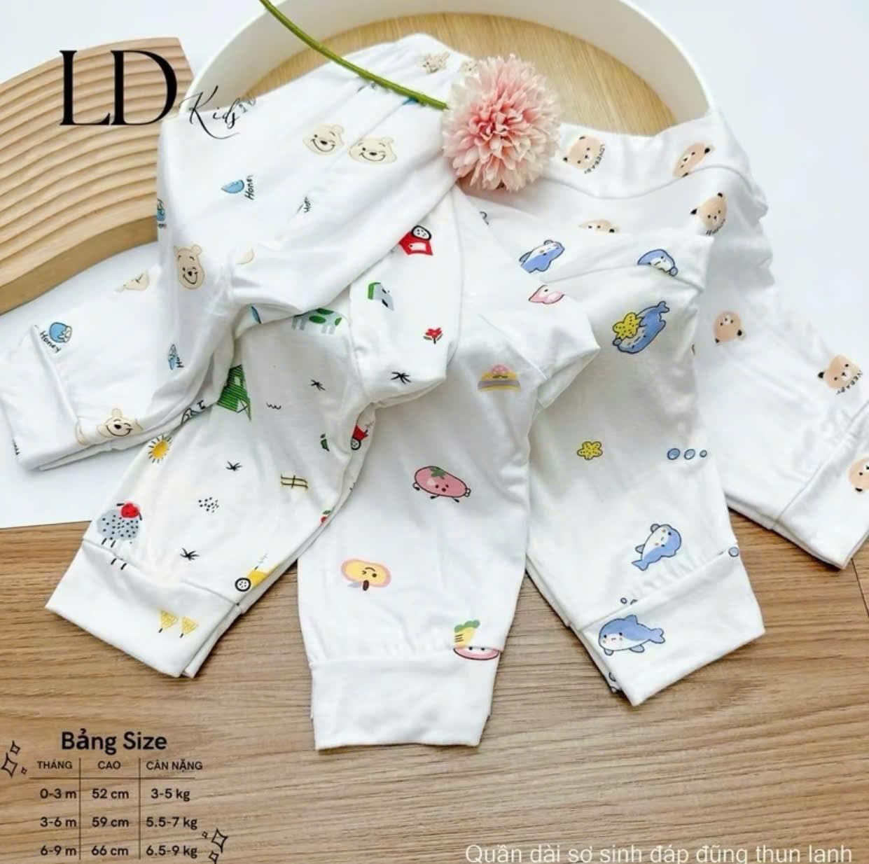 Combo 5 Quần Dài Sơ Sinh Thun Lạnh - Đáp Đũng Đóng Bỉm Thoải Mái, siêu mềm - Trắng Họa Tiết - ảnh 8