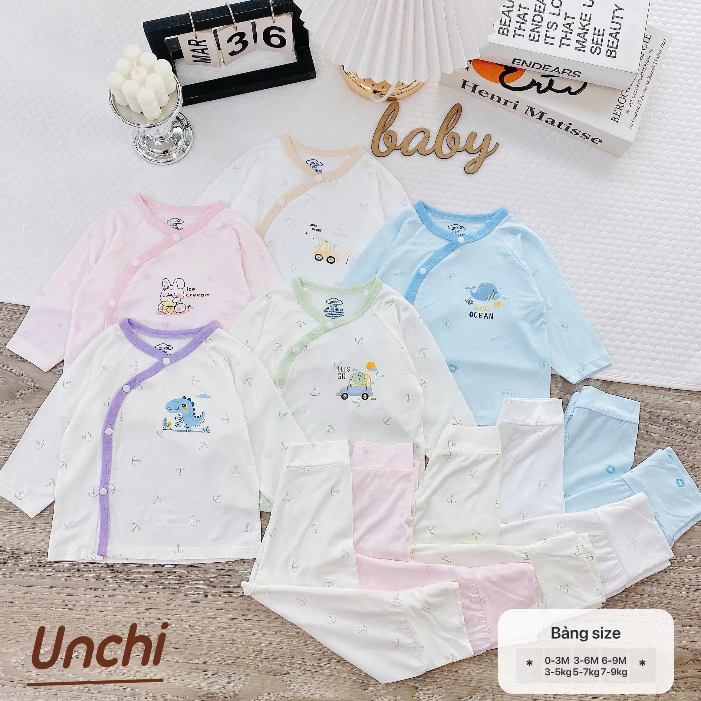 Bộ Quần Áo Dài Tay Pettit Unchi Cạp Cao mềm mịn màng co giãn cho bé sơ sinh 0-9 tháng