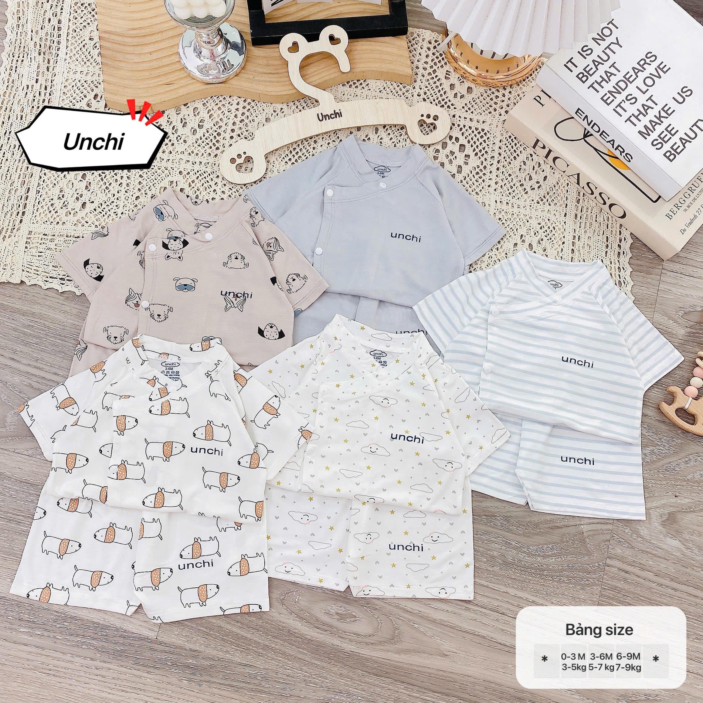 Bộ sơ sinh cộc tay Unchi vạt áo 2 lớp, vải petit mềm mát, họa tiết mây trắng cho bé
