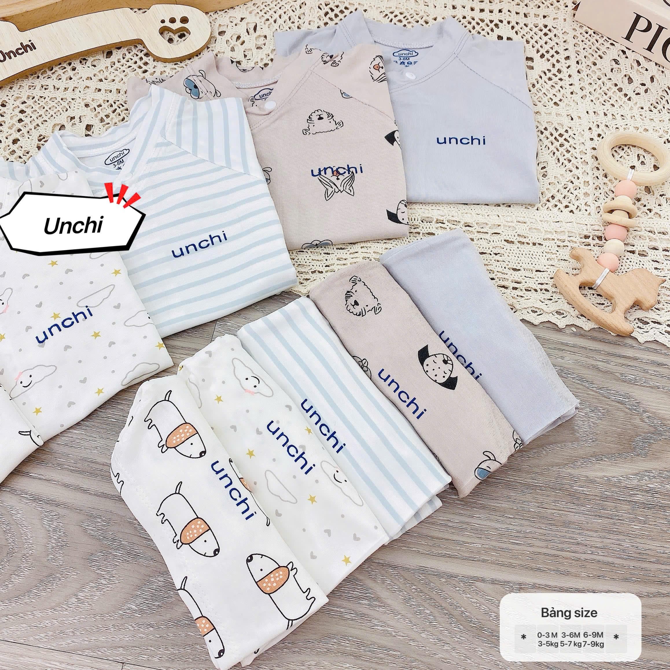 Bộ sơ sinh cộc tay Unchi vạt áo 2 lớp, vải petit mềm mát, họa tiết mây trắng cho bé - ảnh 3